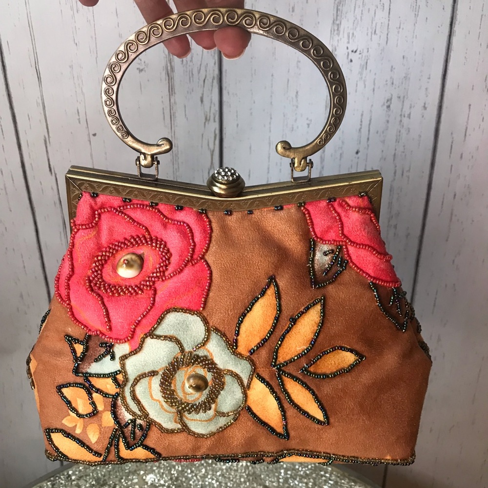 Leko London hand/shoulder/crossbody suede like material, beaded floral design